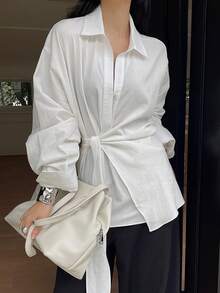 DAZY Áo kiểu nữ cổ ve lật, dáng rộng, tay dài, thắt nơ bên hông, phong cách thành thị, thường ngày, đi nghỉ mát. - trắng - Xem 8