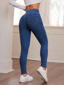 SHEIN PETITE 女士秋冬返校季万圣节圣诞节Y2K可爱运动街头风生日俱乐部机场休闲水洗重叠腰部修身蓝色牛仔裤高腰弹力紧身牛仔裤 - 完美贴合日常穿着的休闲蓝色牛仔紧身牛仔裤，采用柔软面料和显瘦的高腰设计 - 中等水洗藍 - 查看 2