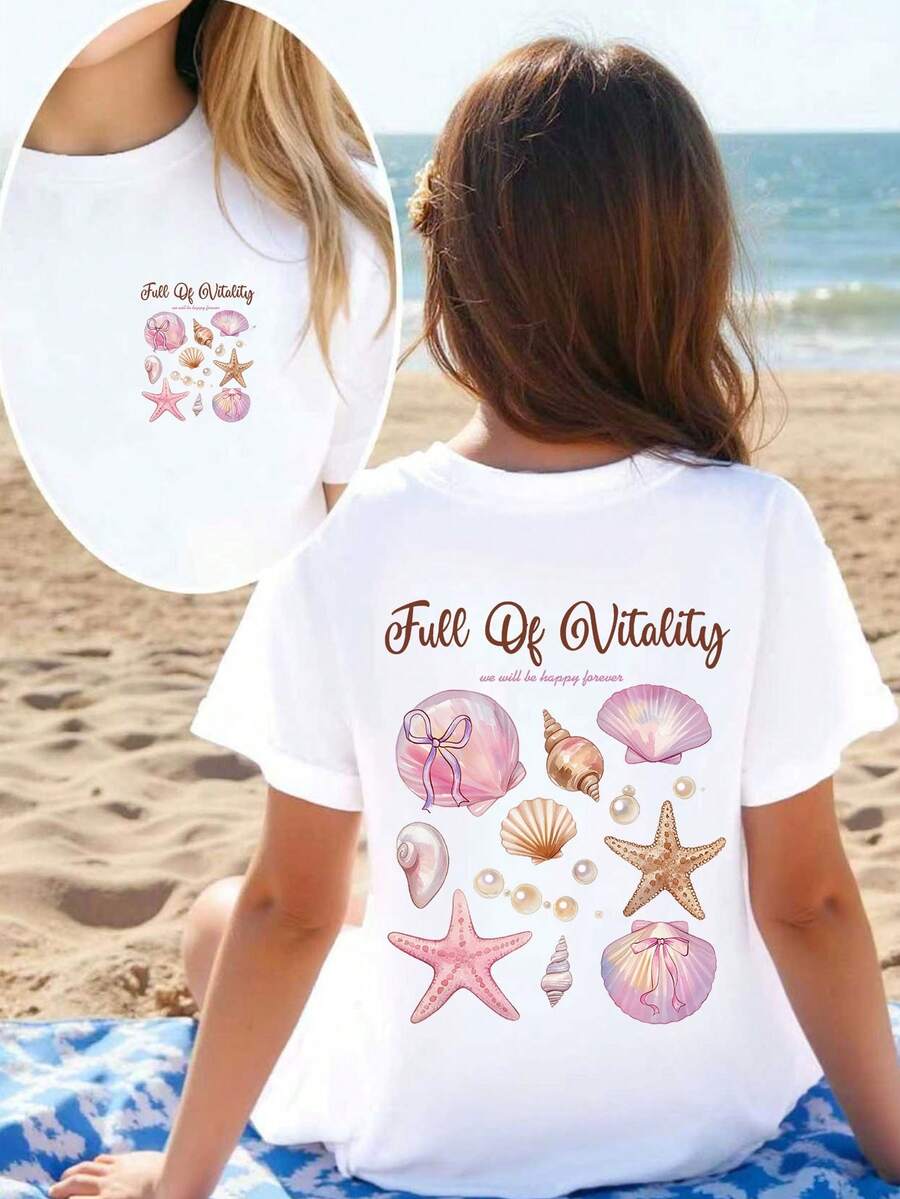 تي شيرت بأكمام قصيرة وياقة دائرية مطبوع عليه رسومات مزدوجة من الأصداف البحرية والحروف، بأسلوب عصري مريح مناسب للخروجات والعطلات، ملابس صيفية - أبيض - مشاهدة 1