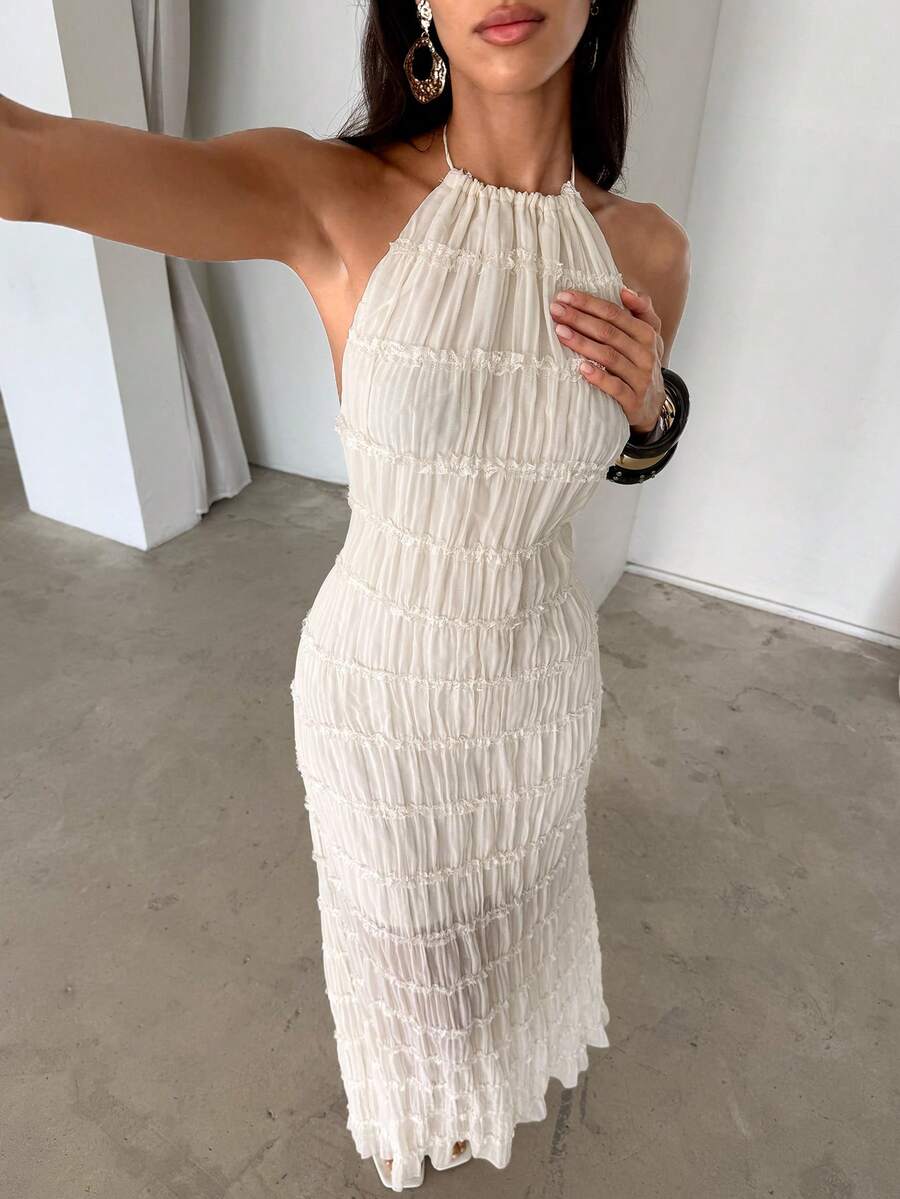 Aloruh 女士优雅系带露背修身纹理雪纺连衣裙