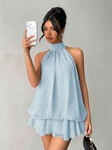 Aloruh Vestido mini elegante de mujer con cuello halter y lazo en color amarillo claro - Celeste - Ver 3