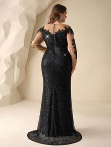 Coutiva 大码女士优雅网纱拼接亮片鱼尾摆晚礼服 - 黑色 - 查看 2