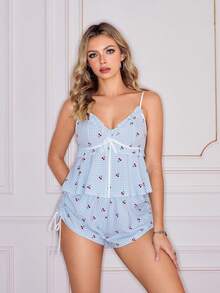 女士甜美可爱樱桃格子印花褶皱蝴蝶结荷叶边吊带背心舒适休闲睡衣套装 - 藍色 - 查看 6