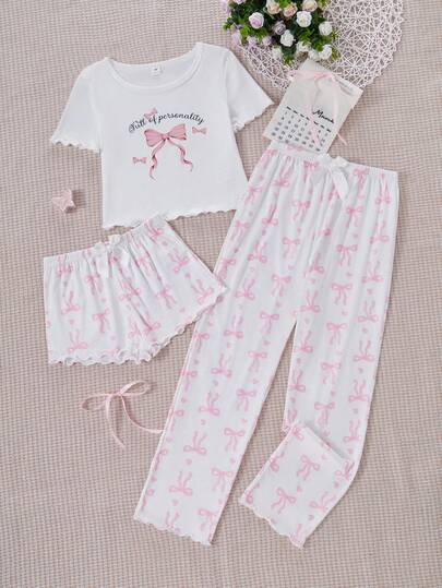 3pcs/Set Girls Fashionable Cute Bow & Letter Print Short Sleeve Top, Shorts & Pants Pajama Set