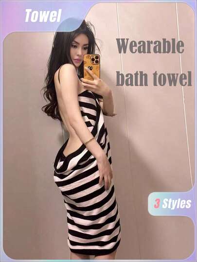 SHEIN 1PC Sexy Suspender Bath Towel, Adjustable Shoulder Strap, Can Wear Absorbent Quick Drying Bath Towel, Long Shower Pajamas, Wrapped Women's Towel Dress Bath Towel Back To School