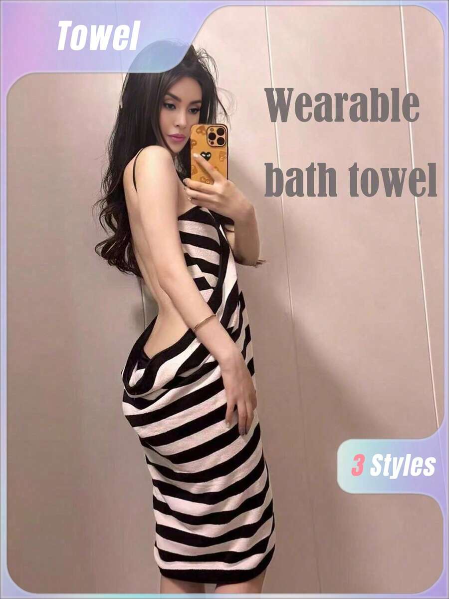 SHEIN 1PC Sexy Suspender Bath Towel, Adjustable Shoulder Strap, Can Wear Absorbent Quick Drying Bath Towel, Long Shower Pajamas, Wrapped Women's Towel Dress Bath Towel Back To School - Multicolor - View 1