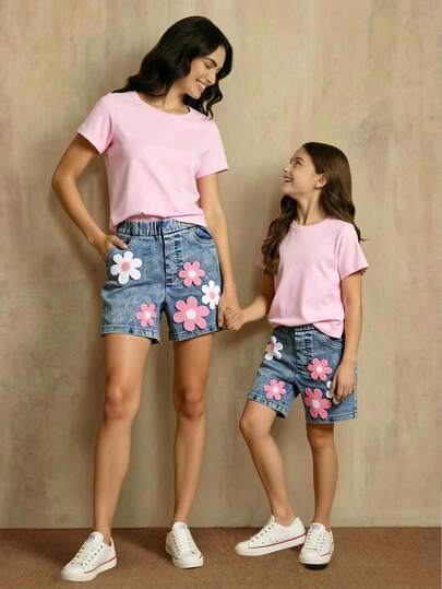 2 ชิ้น ชุดใหม่สำหรับเด็กผู้หญิงอายุ 4-7 ปี, เสื้อแขนสั้นลายปักและกางเกงยีนส์ขาสั้น, ชุดแฟชั่นสำหรับใส่ในชีวิตประจำวัน, วันหยุด, โรงเรียน, กิจกรรมกลางแจ้ง