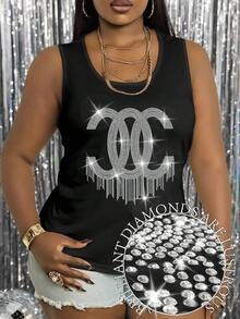Maweii Plus Size Slogan Rhinestone Short Sleeve Hot Diamond Tees Women Tank Tops - Black - View 3