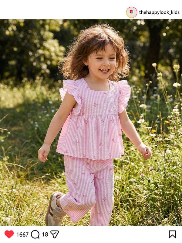 THE HAPPY LOOK 2pcs/Set Young Girl Bow Decor Round Neck Sleeveless Top And Elastic Waist Pants Set