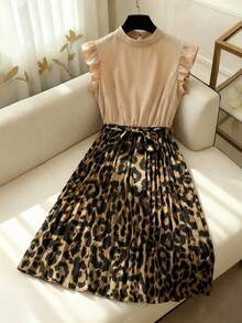 SHEIN Franclia Women's Summer Leopard Print Patchwork Ruched Waist Dress - Yellow - View 1