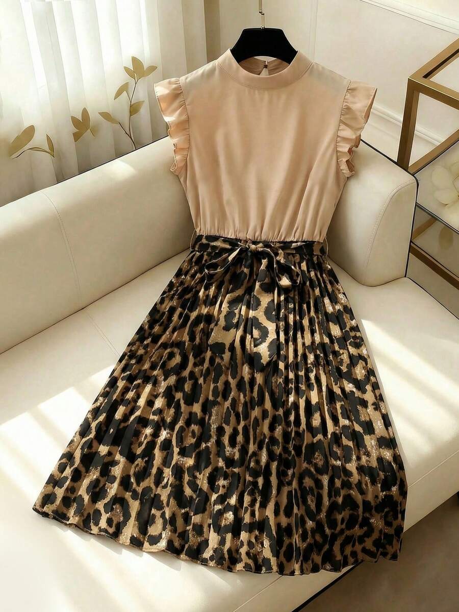 SHEIN Franclia Women's Summer Leopard Print Patchwork Ruched Waist Dress - Yellow - View 1