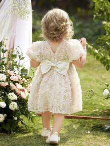 SHEIN Elegant & Cute Apricot Floral Mesh Short Sleeve Babygirl Dress A Loose And Adorable Stand-Up Collar 3D Flower And Rose Embroidery Net-Sheer Puffy-Sleeved Back Bow Dress For Girls, In Peach And Champagne Colors. Suitable For Weddings, Children's Floral Wear, And Birthday Parties  Elegant Cute Mesh Dress For Baby Girl Baby Girl Fluffy Dress Newborn Baby Girl Dress Luxury Baby Girl Dress Baby Girl Dress And Jacket Set Baby Girl Tulle Dress - Multicolor - View 3