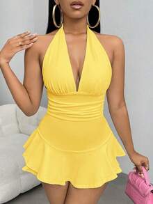 SHEIN SXY 女士纯色深V领褶皱性感吊带连体衣 - 黃色 - 查看 3