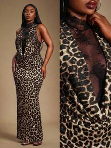 Radiana Women's Multicolor Plus Size Leopard Print Sleeveless Knitted Fabric Bodycon Maxi Dress With Stand Collar - Multicolor - View 1