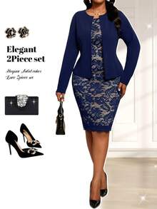 Fleurora 春夏秋冬优雅通勤办公蓝色针织蕾丝圆领长袖大码连衣裙 大码优雅蕾丝吊带连衣裙和外套两件套 女士冬季服装 优雅女士套装 - 藏蓝色 - 查看 4