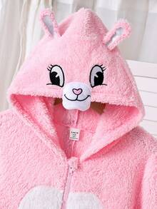 女童兔子图案毛绒睡衣套装，长袖上衣和裤子，甜美时尚，适合秋冬季穿着 - 粉色 - 查看 3