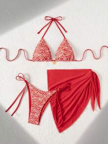 Swim Mod 3件套夏季沙滩度假印花纹理面料金色花朵装饰吊带上衣、侧系带泳裤和纯色网纱裙沙滩比基尼套装 - 紅色 - 查看 4