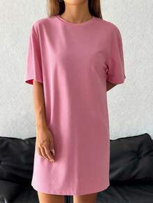 SHEIN EZwear Đầm nữ tay ngắn cổ tròn dáng rộng thoải mái, thích hợp cho mùa hè, màu hồng. - Màu Hồng baby - Xem 5