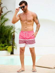 Manfinity KASUA Men's Colorblock Print Casual Beach Shorts - Watermelon Pink - View 4
