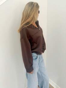 Sydney Algeri Women's Loose Solid Half Zip Thermal Lining Sweatshirt - Coffee Brown - View 5