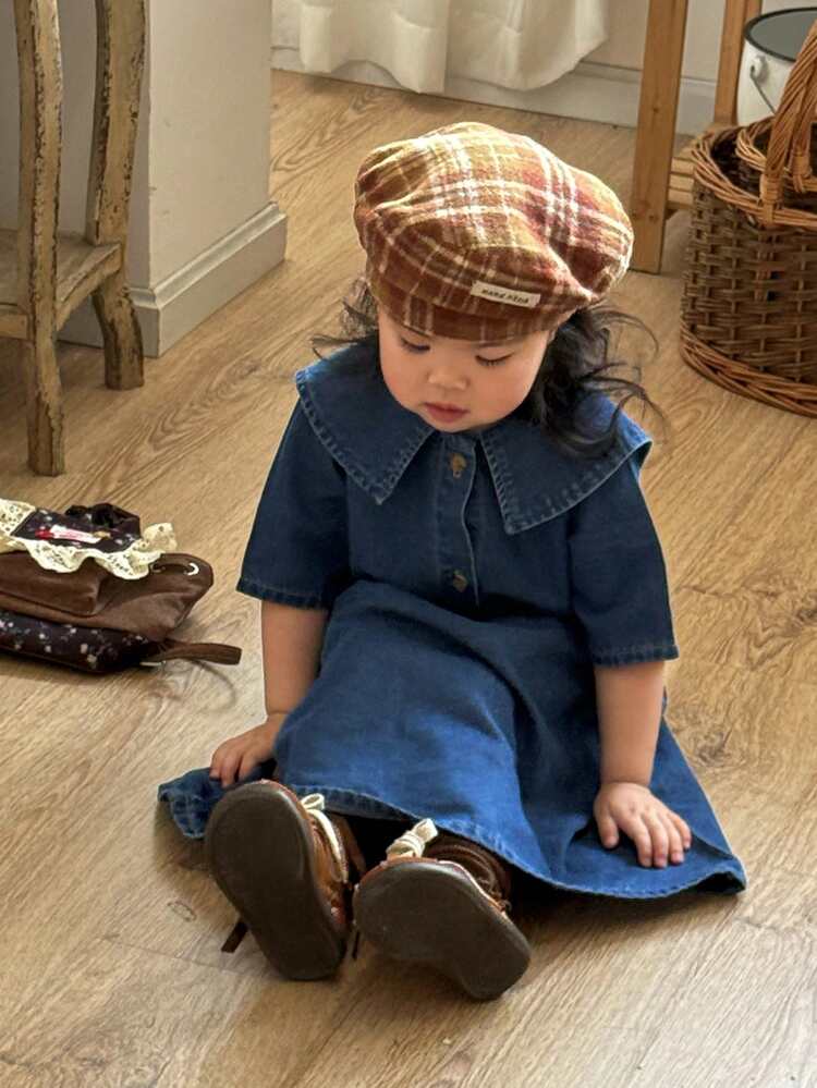 Baby Girls' Turndown Collar Korean Style Washed Cute Short Sleeve Denim Summer