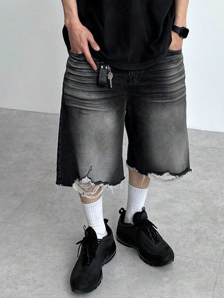 Men's Black Washed Distressed Denim Shorts, Summer