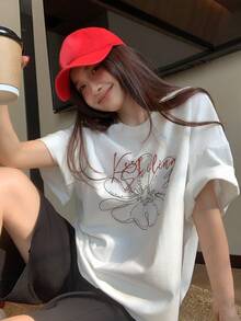 DAZY 女士甜美线条花卉印花短袖T恤，宽松版型，百搭白色纯棉休闲上衣，印花T恤，女款加大码 - 白色 - 查看 1