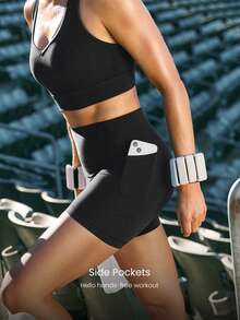 GLOWMODE 4.3英寸 FeatherFit™-Sculpt CoreHold 柔软弹力无前缝收腹侧袋骑行短裤，适合中等强度训练、跑步、健身。 - 黑色 - 查看 5