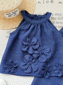 SHEIN LMoss Kids 2件套女婴梭织纯色无袖休闲上衣和打底裤套装 - 藍色 - 查看 4