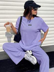 SHEIN EZwear 女士休闲日常通勤时尚街头宽松字母印花落肩T恤搭配松紧腰阔腿裤套装，春夏秋季 - 紫丁香色 - 查看 6