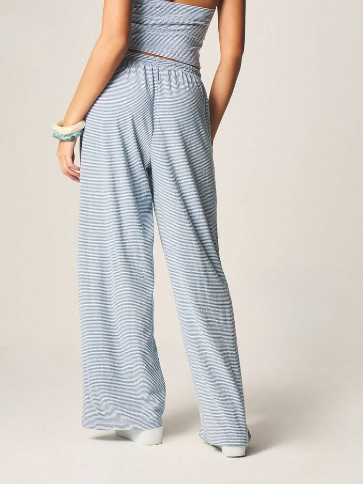 MISSGUIDED Women's Horizontal Striped Wide Leg High Rise Palazzo Pants With Side Pockets Elastic Waist Casual Summer Trousers
