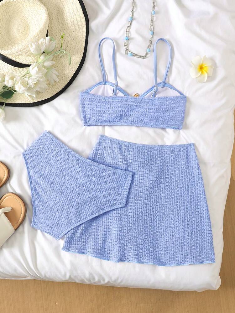 3pcs Tween Girls' Blue Knit Swimsuit Set, Starfish Button Adorable Swimwear Set For Beach, Holiday, Vacation - Blue - View 2