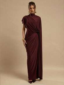 SHEIN BAE Elegant Sleeveless Wrap Dress, Solid Deep Wine Red, Fitted Ruched, Spring/Summer - Burgundy - View 1