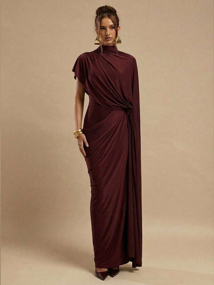 SHEIN BAE Elegant Sleeveless Wrap Dress, Solid Deep Wine Red, Fitted Ruched, Spring/Summer - Burgundy - View 1