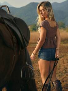 WESTFADE Floral Embroidered Pointelle Knit Square Neck Short Flutter Sleeve Peplum Babydoll Knit Top - Coffee Brown - View 2