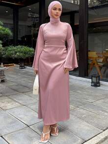 DAZY Modest Dusty Pink Long Dress With Flared Sleeves For Women Wedding Ninang,Autumn Elegant Formal Party Sundress,Spring/Summer Shawl Scarf Wrap Set - Pink - View 1