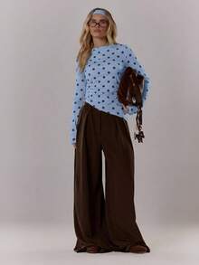 MUSERA Polka Dot Contrast Colour Crewneck Long Sleeve Top Cute Going Out Daily Office School Spring Summer Spring Outfit Easter Casual - Blue - View 3
