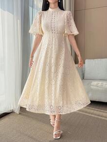 DAZY 女士优雅蕾丝立领荷叶袖中长连衣裙，夏季婚礼宾客礼服，女士吊带裙 - 米色 - 查看 3