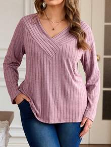 SHEIN LUNE 加大碼肋紋修身長袖t恤 - 粉色 - 查看 2