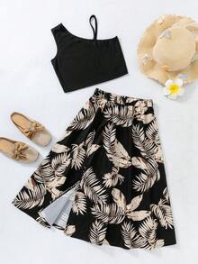 Sparklyn Tween Girls' Black Spaghetti Strap Ribbed Knit Crop Top & Palm Leaf Print Midi Skirt Set, Loose Flowy Design, Suitable For Summer - Multicolor - View 1
