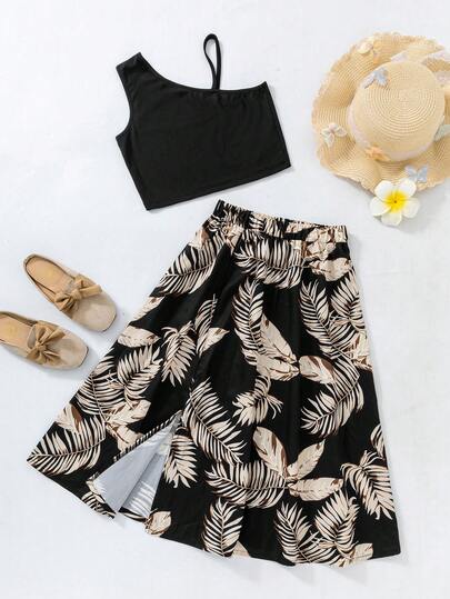 Sparklyn 少女黑色吊带罗纹针织露脐上衣搭配棕榈叶印花中长裙套装，宽松飘逸设计，适合夏季穿着