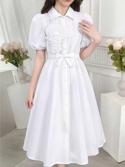 Women's Fashion Elegant White Mid-Length Dress With 3D Floral Decor, Puff Sleeves And Belt, Suitable For Daily, Commute, Casual, Holiday And Travel Wear