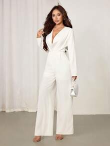 SHEIN PETITE 优雅现代通勤浪漫约会性感派对海滩度假深V领露背收腰长袖阔腿白色长裤，适合节日、婚礼、音乐节等场合。 - 白色 - 查看 6