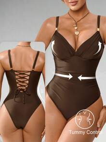 Shapewave 女士纯色吊带连体泳衣，适合海滩/度假村穿着 - 棕色 - 查看 3