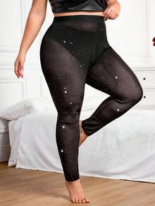 SHEIN CURVE+ CURVE PLUS /Dia dos Namorados/Calça Legging Plus Size Cor Sólida Brilhante e Transparente com Lantejoulas, Natal, Festa, Encontro, Namoro, Saída, Natal, Brilhante, Encontro, Saída, Elegante, Manga Longa, Casamento, Outono/Inverno, Natal, Ano Novo, Ação de Graças, Festa, Casamento, Elegante, Casual, Saída, Encontro, Encontro, Deslocamento, Meia-calça - Preto - Ver 5