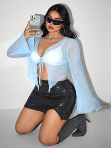 SHEIN ICON ICON 大码女式系带蝴蝶结针织上衣，适合万圣节和派对的薄纱衬衫 - 淺藍色 - 查看 4