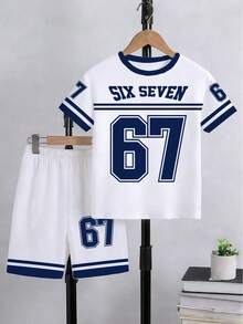 SHEIN Coolqubz 男童春夏休闲时尚创意个性清新简约时尚数字67条纹蓝白组合字母标语印花宽松T恤短裤套装，舒适日常穿着，温暖的夏秋风格，适合春、夏、秋季穿着。 - 彩色 - 查看 3