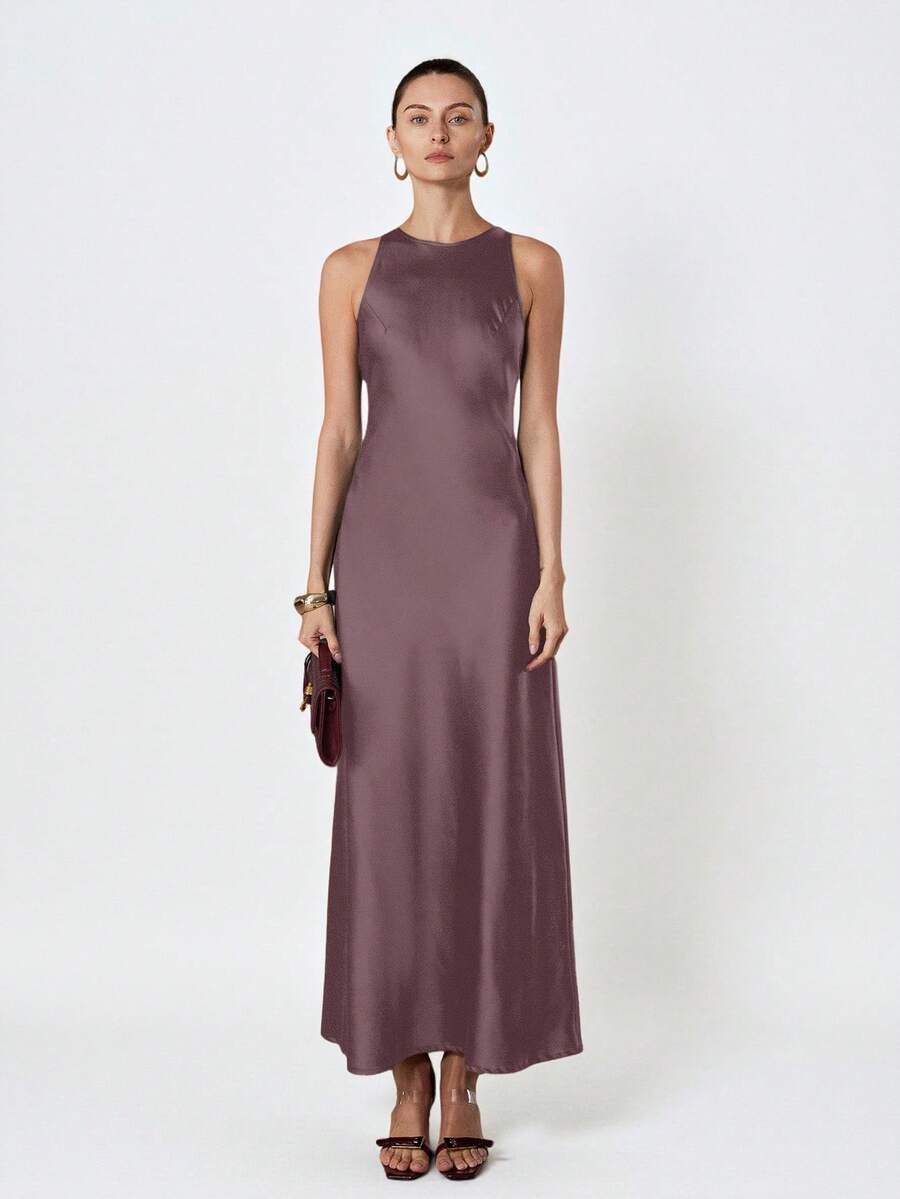 Aveloria Modichic Minimalist Elegant Asymmetric Bias Cut Double-Sided Satin-Like Acetate Fabric A-Line Sleeveless Dress For Women - Dusty Purple - View 1