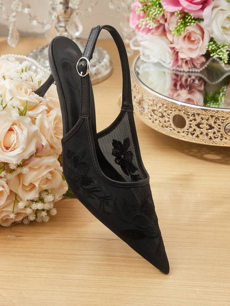 CUCCOO HITCHD Women's Elegant Pointy Toe Slingback High Heels With Beaded Mesh, Romantic Lace Design, Black Color, Suitable For Weddings, Parties, Formal Occasions