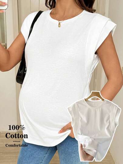 SHEIN Maternity Casual Versatile Solid Color T-Shirt, Summer Maternity Shirt S Summer Pregnancy Shirts White Maternity Shirt Maternity Clothes T Shirts Maternity Tops Summer White T Shirt Woman White Tees For Women Nursing Top